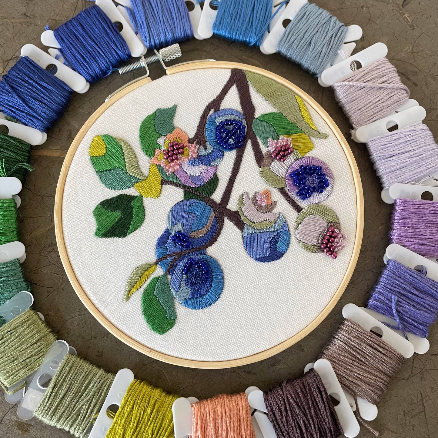 DIY Embroidery and Beadwork Kit - Blueberry Blossoms (5")